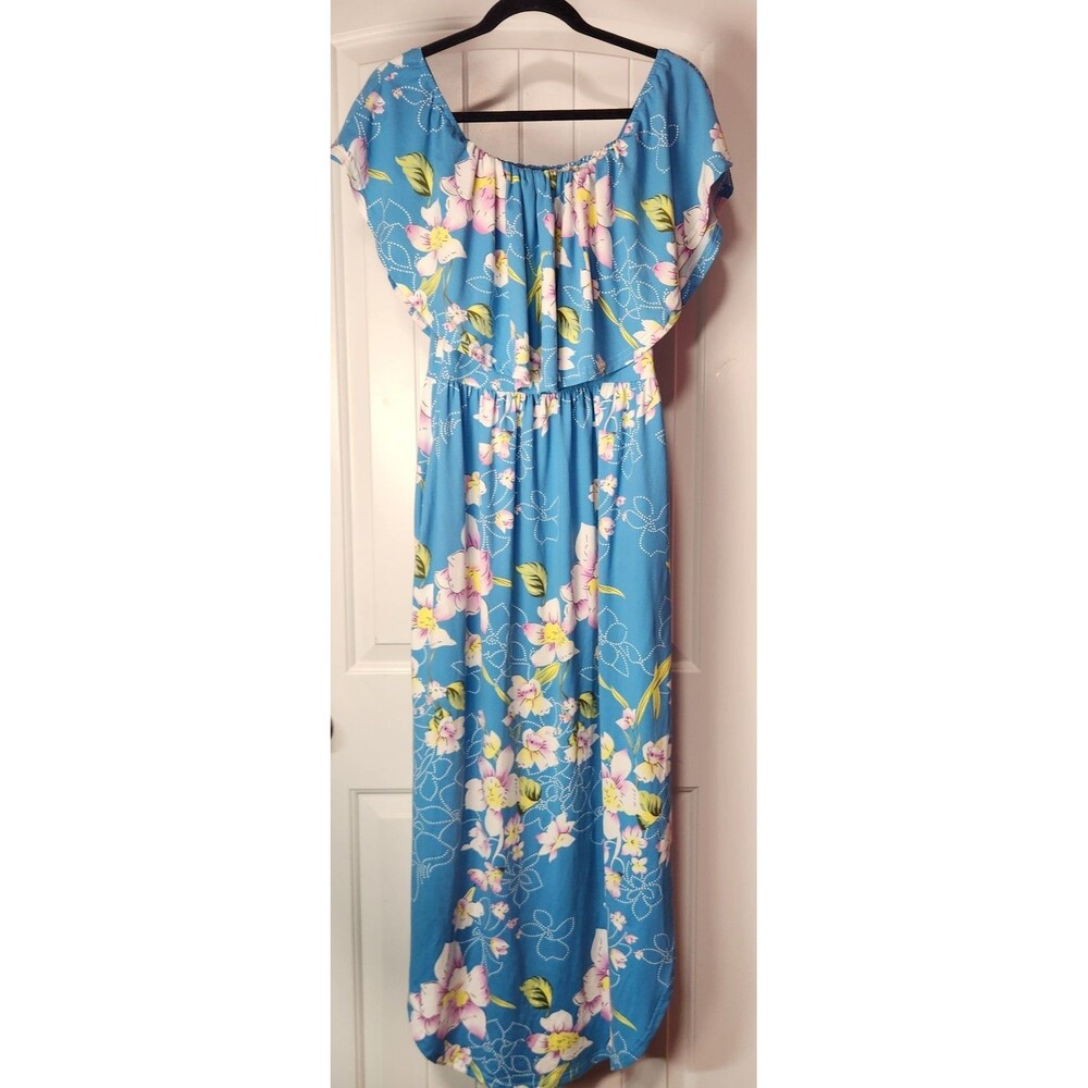 VERABENDI Ruffle Blue Floral Off The Shoulder Maxi Dress with Pockets Size M